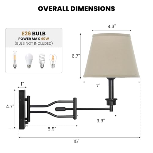 15" Black Swing Arm Wall Sconce Adjustable Wall Lamp