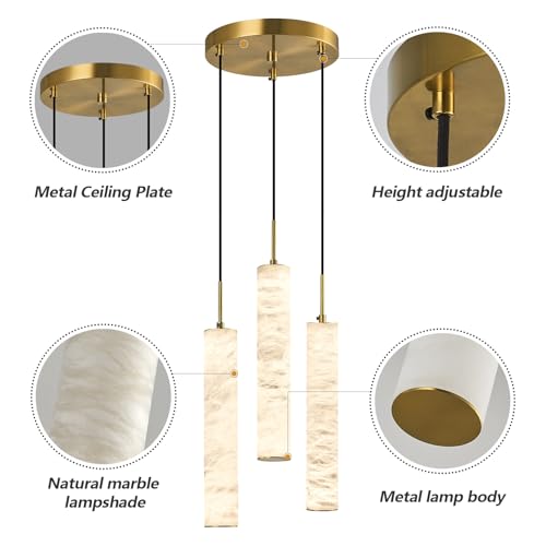 Natural Alabaster Pendant Lights for Kitchen Island White Marble Long Tube Chandelier 4000K Modern Gold Ceiling Light Fixtures for Bedroom Dining Room Table Living Room Hallway