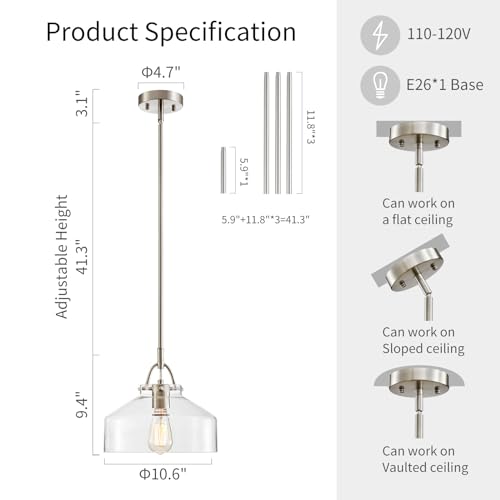 Chandelier Rustic Farmhouse Industrial Round Ceiling Pendant LED Light Fixture with Clear Glass Shades for Dining Room Kitchen Island Foyer Entryway