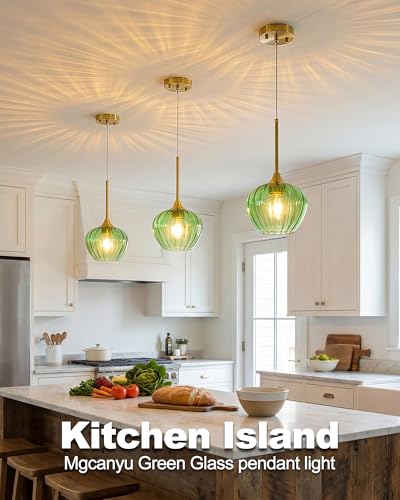 Green Glass Pendant Lights Kitchen Island with Brushed Gold Finish