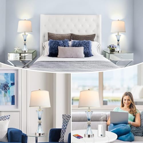 3 Way Dimmable Touch Glass Table Lamps for Bedrooms with 2 USB Ports Set of 2 Coastal Beach Bedside Lamps for Contemporary Modern Night Stand Lamps with 2 LED Bulbs for Lighting Decor (2 Count)