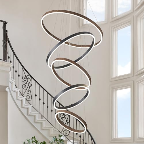 LED 5 Ring Chandelier High Ceiling Foyer Chandeliers Black Walnut Dimmable