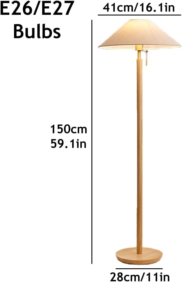 Wabi-sabi 59.1" Wooden Floor Lamp Linen Floor Lamp E26 Dimmable Tall Lamp with Zipper Switch Fabric Standing Light for Sofa Area Living Room Bedroom Study Tea Room