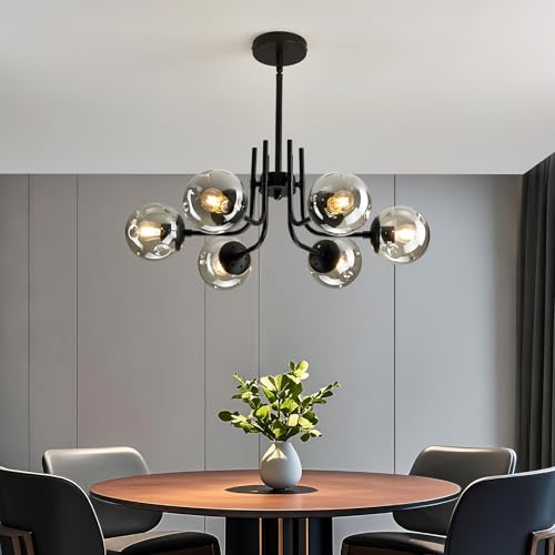 6 Light Glass Globe Sputnik Chandeliers Modern Matte Black Ceiling Light Fixture Semi Flush Mount Ceiling lamp for Living Room Dining Room Farmhouse Bedroom Kitchen