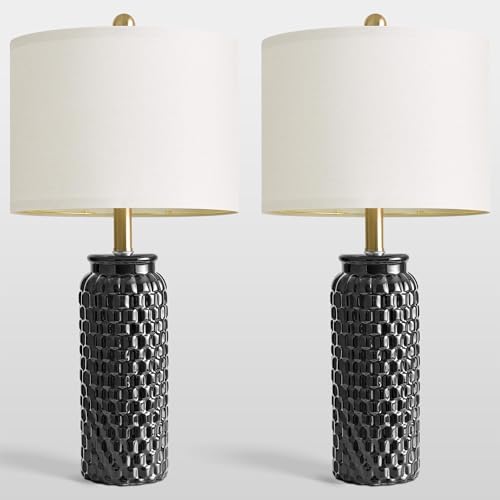 24" Modern Ceramic Black Bedside Lamp Set of 2 Table Lamp for Bedroom Decor Farmhouse Table Lamp for Living Room Office Dorm (2 Count)