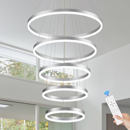5 Rings Modern LED Chandelier Silver High Ceiling Chandelier with Remote Control Dimmable Pendant Lighting for Dining Room Foyer Living Room Entryway Staircase