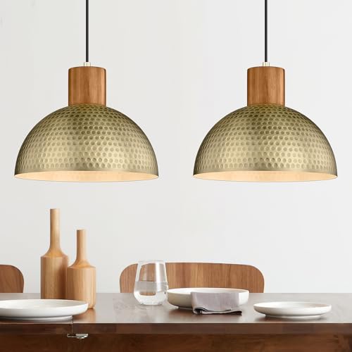 2 Pack Hammered Pendant Lights 12” Vintage Metal & Wood Dome Hanging Lamp Antique Gold Industrial Kitchen Pendant Light Fixtures for Island (2 Count)