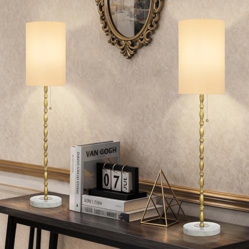 31" Tall Skinny Gold Buffet Lamps Set of 2 with Marble Base for Living Room (2 Count)