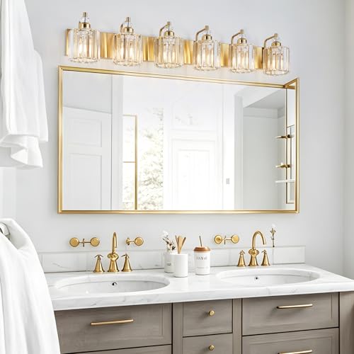6 Light Modern Vanity Lights Brushed Brass Bathroom Light Fixtures Over Mirror Gold Bathroom Vanity Lighting with Crystal Shade E26 Base Wall Sconce for Bedroom Living Room Restroom Wall Lamp