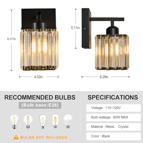 Modern Wall Sconces Set of Two Indoor Wall Lamp Black Wall Sconce Crystal Wall Light Bathroom Vanity Light Fixtures Wall Mounted Room Sconce Wall Lighting (2 Count)