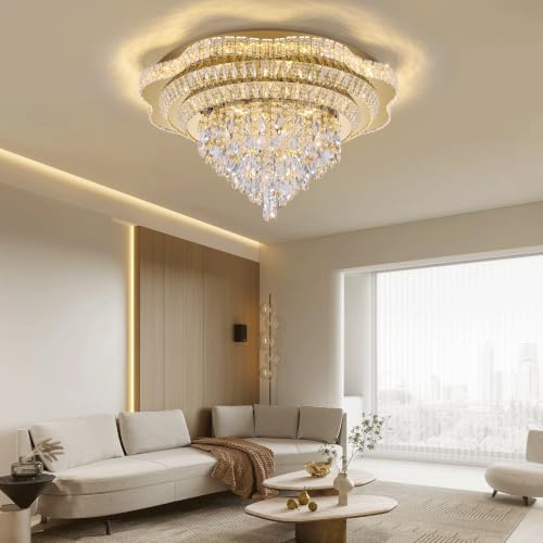 30" Gold Crystal Flush Mount Chandelier Modern LED Ceiling Light Fixture