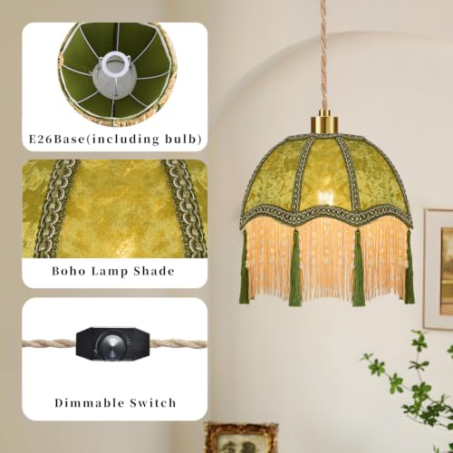 Boho Plug in Pendant Light Rustic Hanging Lights with Plug in Cord & Flower Lampshade (Green-tassels / 11.3)