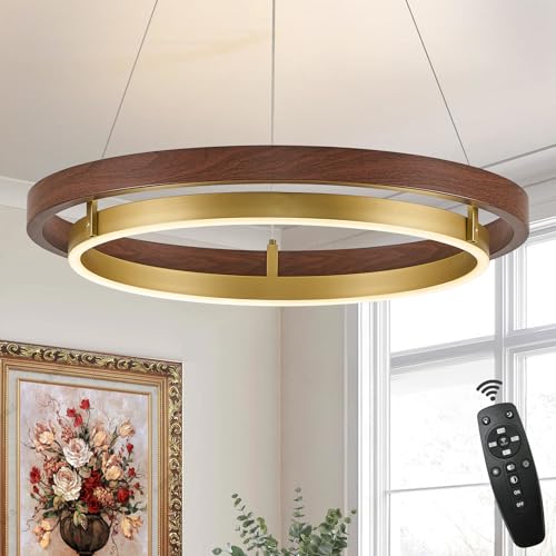 LED Ring Chandelier Dimmable Gold Walnut Wood Chandeliers