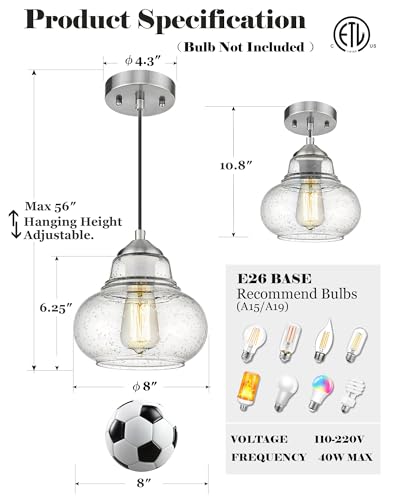 8 Inch Bubble Glass Pendant Light Industrial Kitchen Island Globe Hanging Pendant Light Fxiture Modern Hand Blown Seeded Glass for Farmhouse Dining Room Bar Bedroom Living Room Brushed Nickel