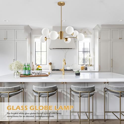 8 Light Globe Sputnik Chandelier Gold Mid Century Modern Light Fixture Brushed Brass Finished with White Frosted Globe Glass Lampshade Sputnik Chandeliers for Dining Room Kitchen Island Bedroom