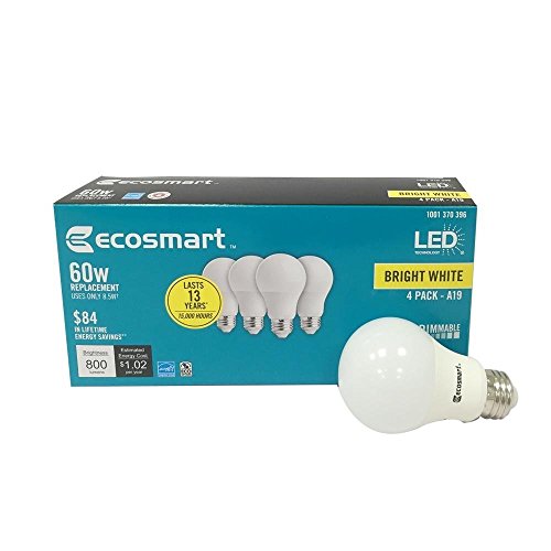 EcoSmart 60W Equivalent Bright White A19 Energy Star + Dimmable LED Light Bulb (4 Count)