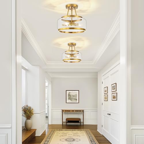 Gold Semi Flush Mount Ceiling Light Modern Glass Drum Ceiling Light Fixture