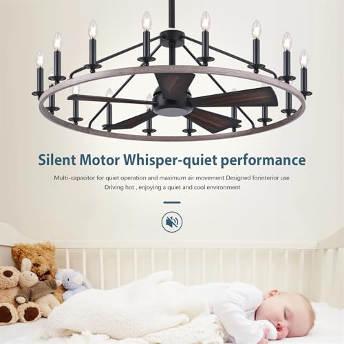 44" Wagon Wheel Chandelier with Fans