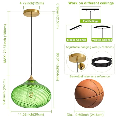 11in Gold Pendant Lights Kitchen Island with Green Glass Shade 1Pack