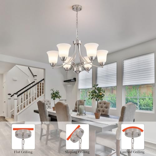 6 Lights Brushed Nickel Dining Room Light Fixture Farmhouse Modern Chandelier Pendant Light Silver Adjustable Ceiling Hanging Lighting with Frosted Glass for Kitchen Island Living Room Foyer (6 Count)