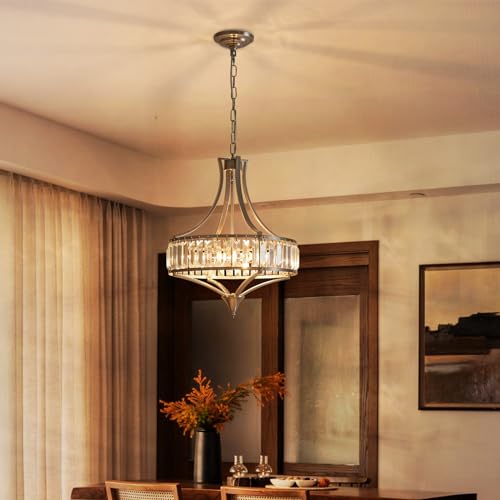 Crystal Chandeliers for Dining Room 15.7" Round Rustic Farmhouse Hanging Pendant Lighting Fixture Modern Brushed Nickel Chandelier Metal Shade 4