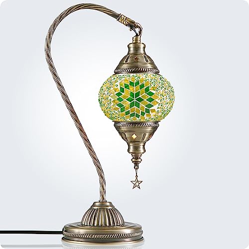 Turkish Moroccan Lamp with Bronze Base 3 Color Options Handmade Swan Neck Mosaic Glass Bedside Lamps for Bedroom