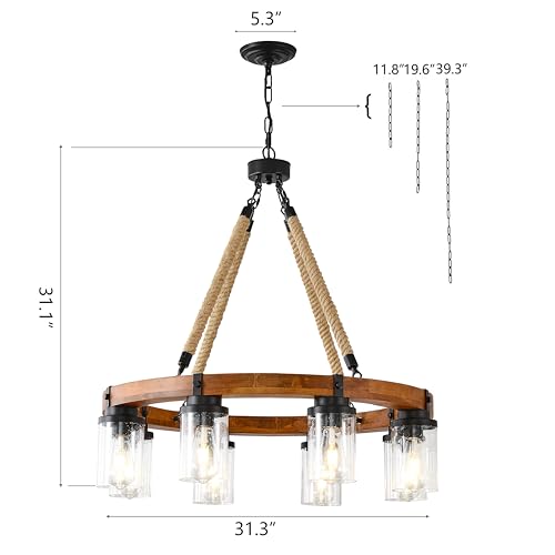 9 Light Round Wagon Wheel Chandelier Farmhouse Rustic Pendant Light Fixture with Seeded Glass Shades