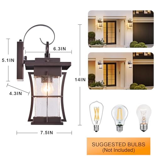 2 Pk Oil Rubbed Bronze Outdoor Sconces Light with Dusk to Dawn Sensor Photocell Exterior Porch Lanterns Outside Wall Lamps Waterproof Brown Metal with Seeded Glass Coach Light Fixtures for House