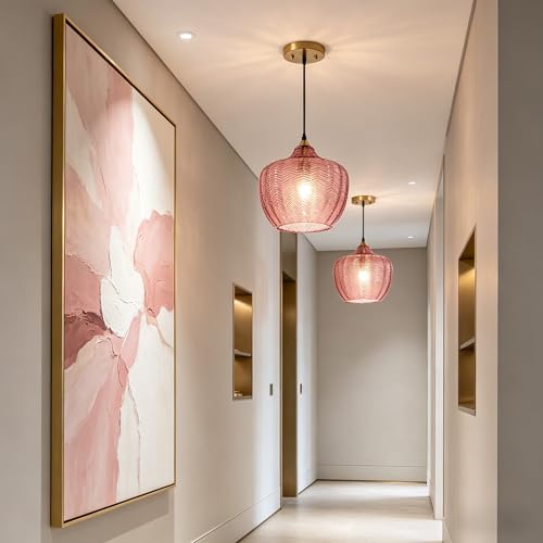 Pink Glass Pendant Lights Kitchen Island Gold Hanging Ceiling Light 9.45"