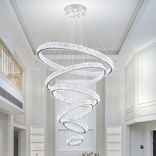 Extra Large 6 Ring Crystal Chandelier Modern LED Long Crystal Chandelier for High Ceiling Height Adjustable D8+15.7"+23.6"+31.5"+39.4"+47.5" Dimmable 2700K