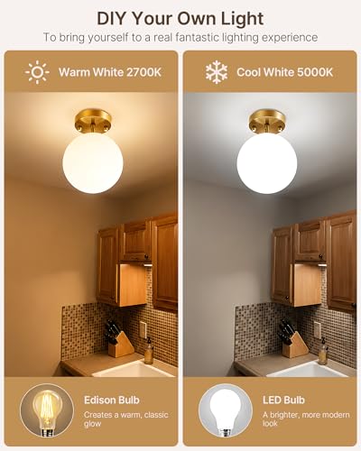 Semi Flush Mount Ceiling Light 8" Globe Mid Century Modern Light Fixture Milk Glass with Gold Brass Finish Light Fixtures for Hallway Entryway Kitchen Island Closet Laundry Bathroom