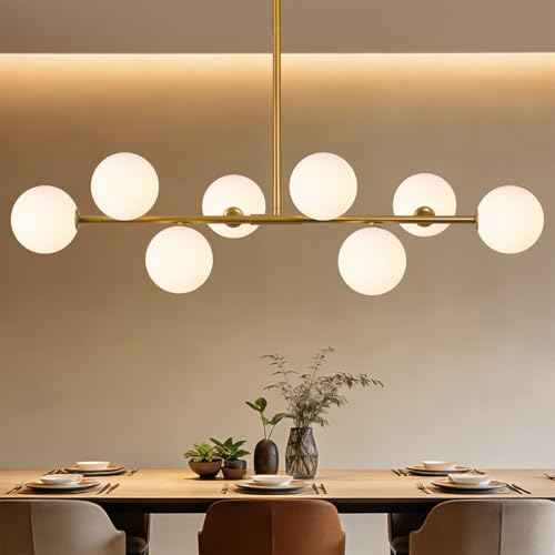 8-Light Gold Sputnik Chandeliers, Mid Century Modern Chandelier for Dining Room Light Fixture Over Table, Height Adjustable, Bubble Glass Globe Ceiling Linear Chandelier for Kitchen Island Foyer