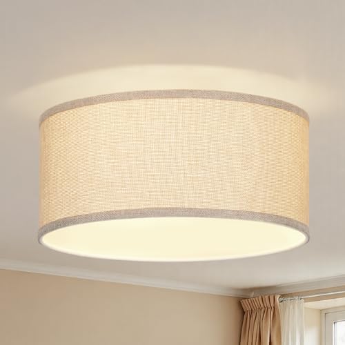 13 Inch Flush Mount Ceiling Light with Burlap Linen Drum Shade