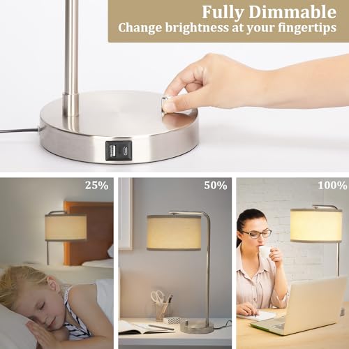 25" Tall Modern Bedside Lamp with USB C+A Ports
