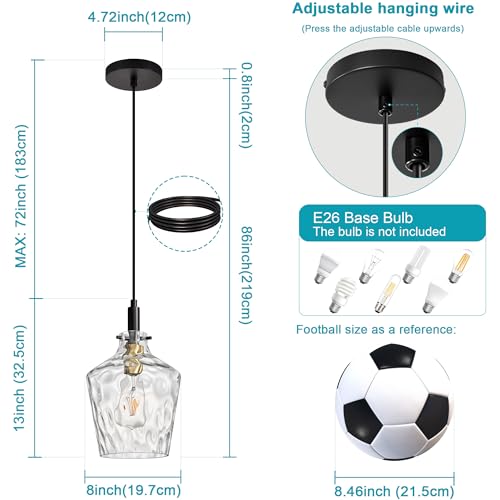 Hammered Glass Pendant Light for Kitchen Island 1 Pack Black Gold 8 Inch