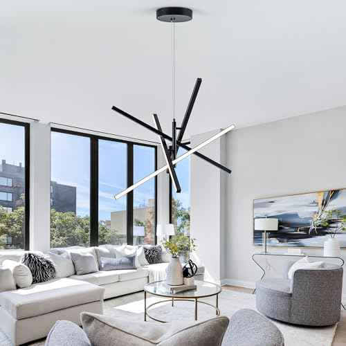 Modern LED Chandelier Linear Pendant Light Dimmable 4 Lights Linear Chandelier 3000K,4000K,6000K Hanging Pendant Lighting for Kitchen Island Living Dining Room Restaurant Office (Black)