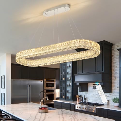Modern Oval Crystal Chandelier for Dining Room Dimmable LED Chandeliers Rectangular Pendant Light Fixture with Remote for Living Room Kitchen Island Silver