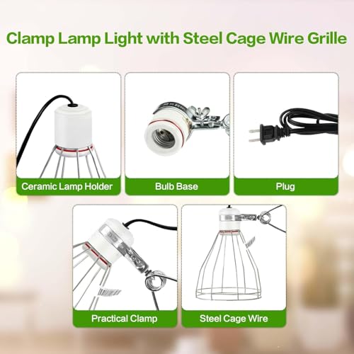 Clamp Lamp Light with Steel Cage Wire Grill Up to 250W E26 Socket