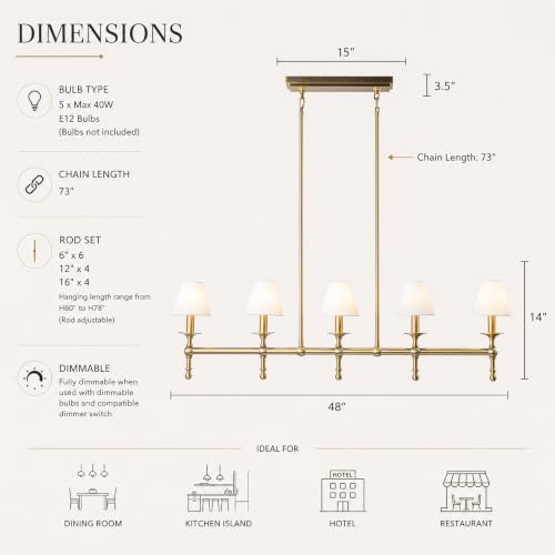 5 Light Brass Modern Linear Chandelier with Fabric Shade for Kitchen Island
