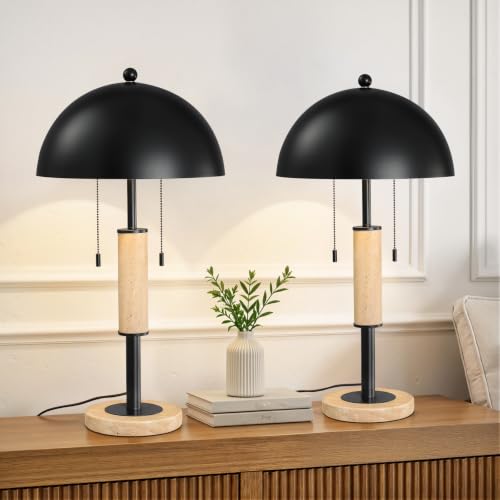 Black Bedside Table Lamp Set 2 Mid Century Modern Tavertine Nightstand Lamp