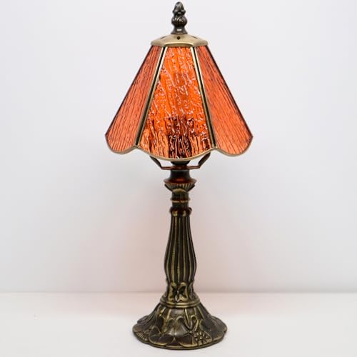 Small Tiffany Table Lamp Pink Bark Pattern Style Stained Glass Desk Lamps 6X6X14 Inch Bronze Resin Base Antique Mini Accent Light