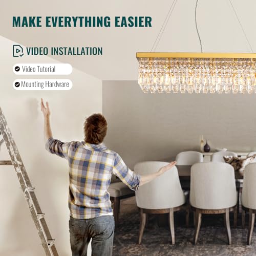 6 Light Modern Crystal Chandelier Rectangular Gold K9 Crystal Raindrop Chandelier for Dining Room