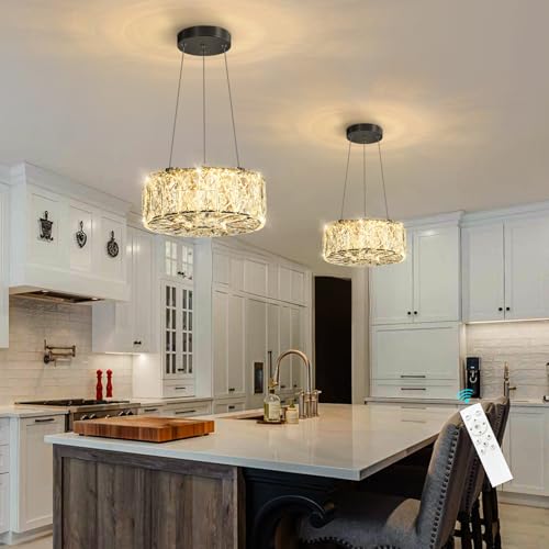 Modern Crystal Chandelier for Dining Room Dimmable LED Pendant Ceiling Light Fixtures with Remote for Entrance Bedroom Kitchen Island Black