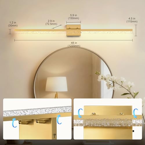 48 Inch Gold Vanity Light Bar Over Mirror Acrylic Shade 3CCT