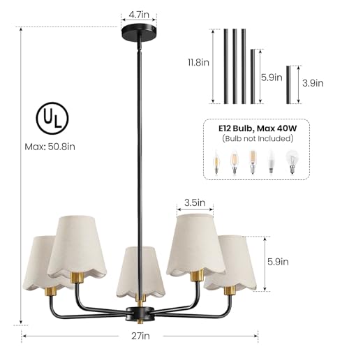 5 Light Black and Gold Chandelier Modern Farmhouse Dining Room Light Fixture Industrial Kitchen Chandelier Over Table Hanging Ceiling Light Fixture for Bedroom Entryway Foyer Hallway