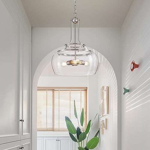 Chandelier Rustic Farmhouse Industrial Round Ceiling Pendant LED Light Fixture Clear Seeded Glass Shade for Dining Room Kitchen Island Foyer Entryway
