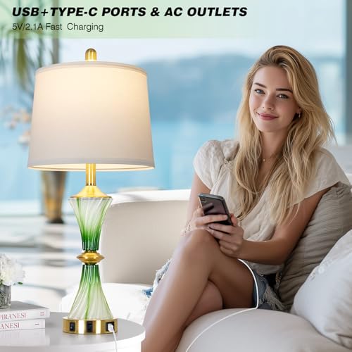 Green Glass Table Lamp Set of 2 with USB C+A Ports & AC Outlet (2 Count)