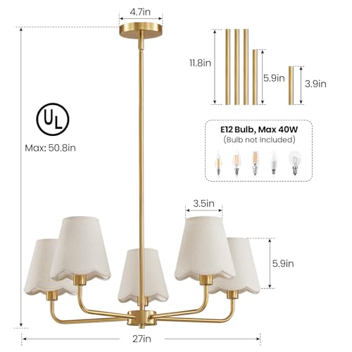 KAISITE Modern Gold Chandelier 5-Light Farmhouse Chandelier for Dining Room Industrial Dining Kitchen Light Fixture Over Table Ceiling Chandelier for Bedroom Living Room Foyer Entryway