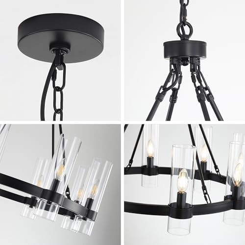 26 Inch Black Wagon Wheel Chandelier with Glass Shade