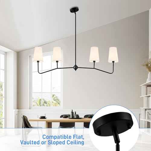 47" Modern Linear Chandelier, 4-Light Black Pendant Light with Fabric Shades, Adjustable Height Ceiling Light Fixture for Kitchen Island, Dining Room, Living Room, Bedroom, ETL Listed